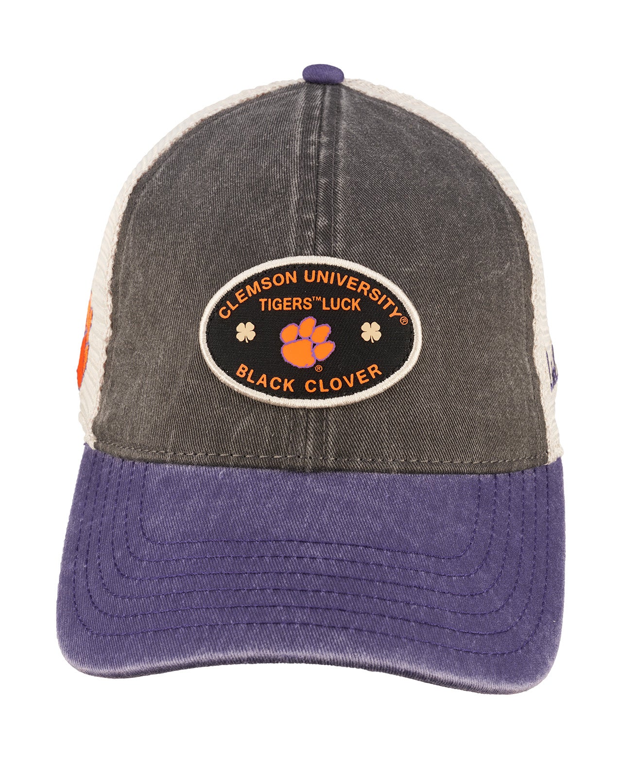 purple and grey two tone vintage style hat from Black Clover featuring patch for Clemson University Tigers patch