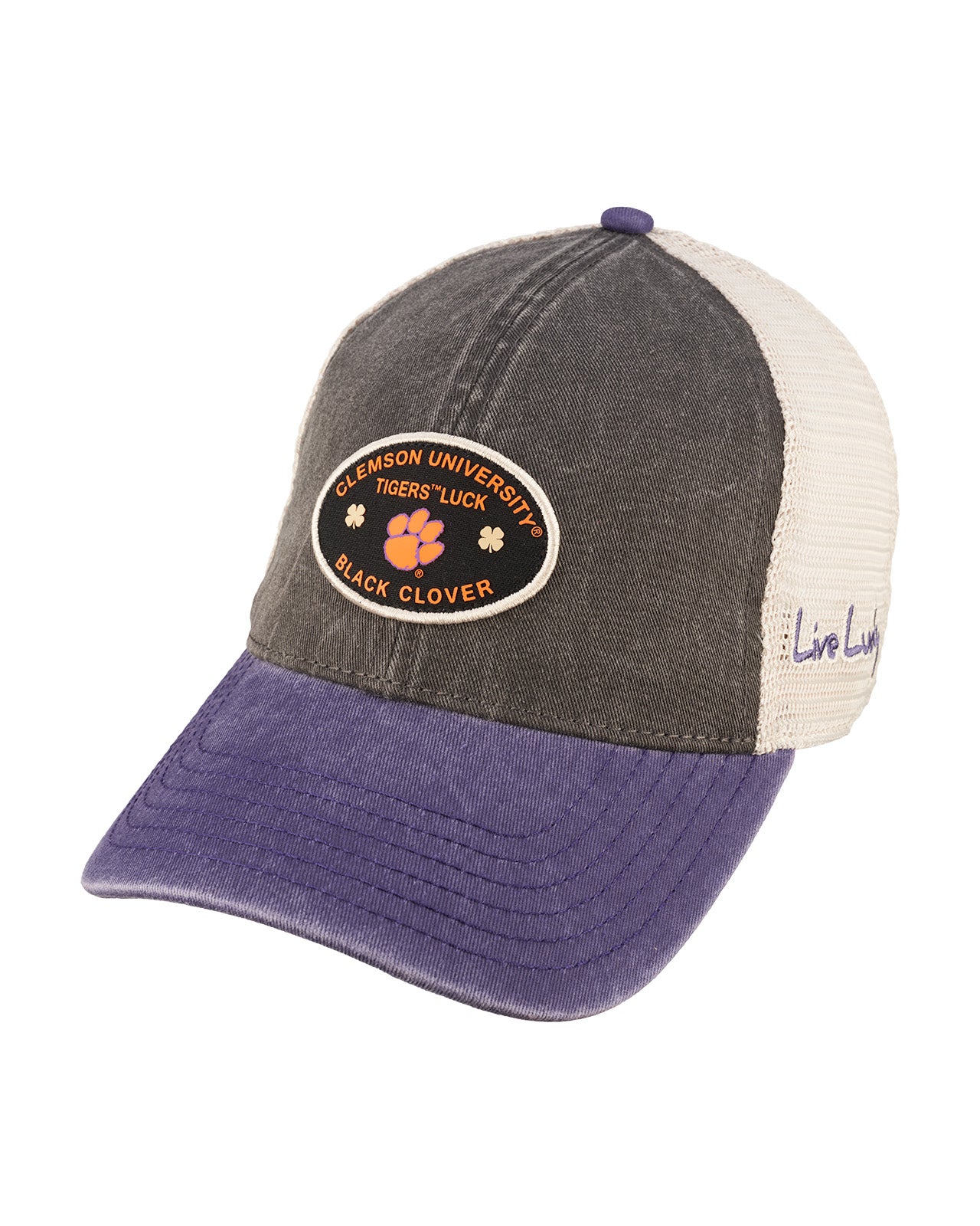 purple and grey two tone vintage style hat from Black Clover featuring patch for Clemson University Tigers patch