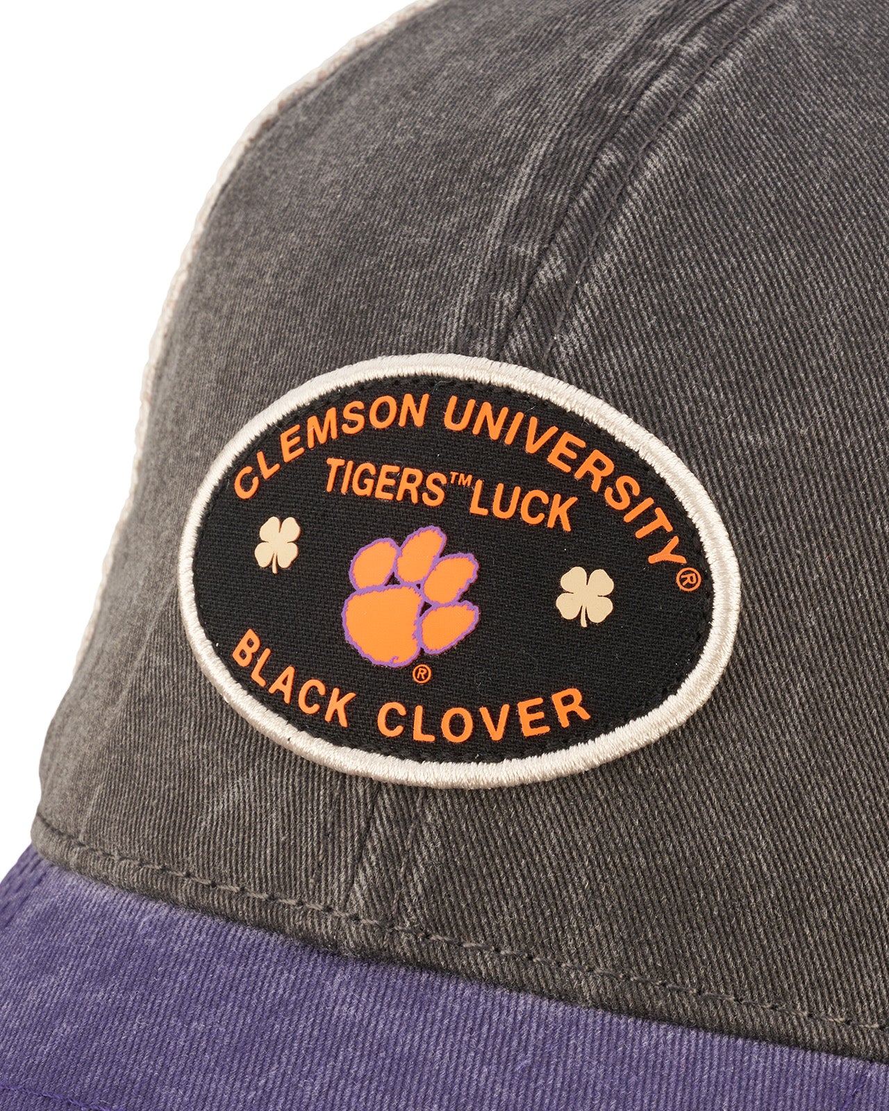 purple and grey two tone vintage style hat from Black Clover featuring patch for Clemson University Tigers patch