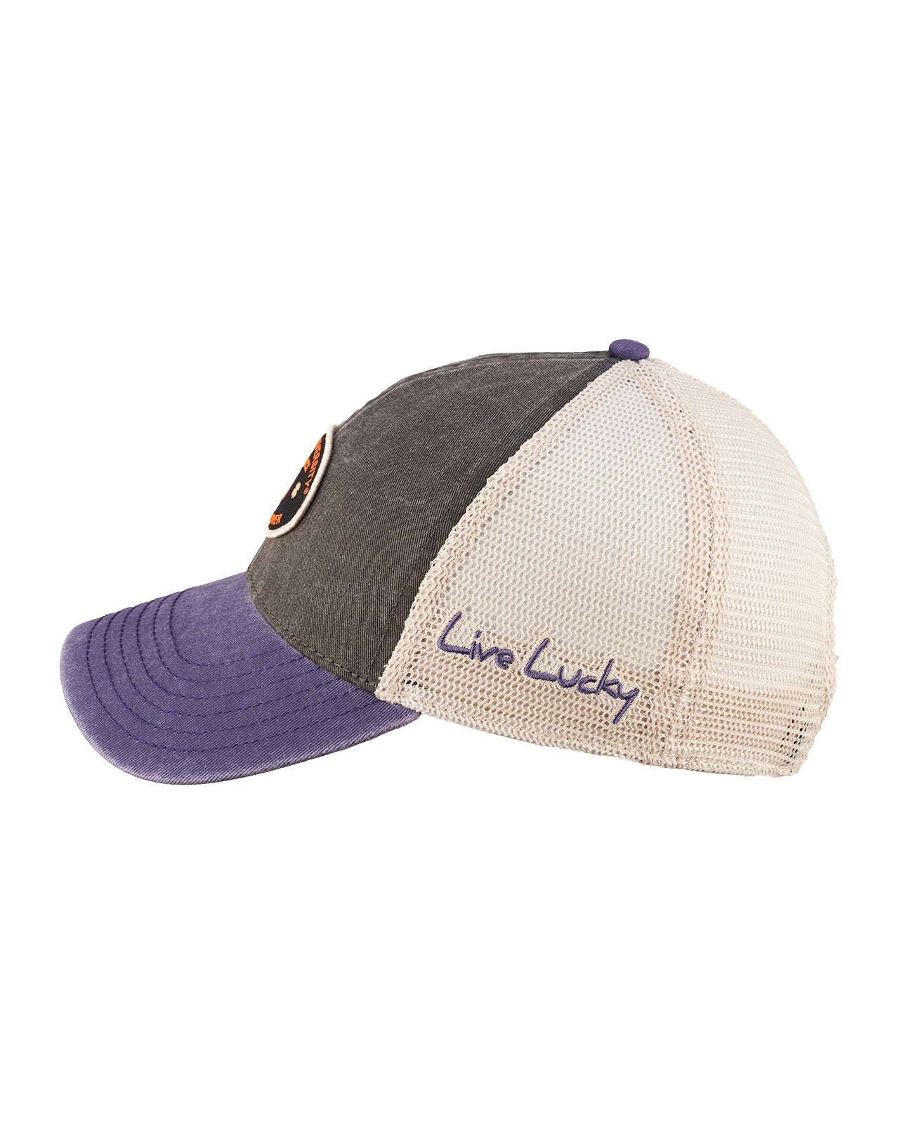 purple and grey two tone vintage style hat from Black Clover featuring patch for Clemson University Tigers patch