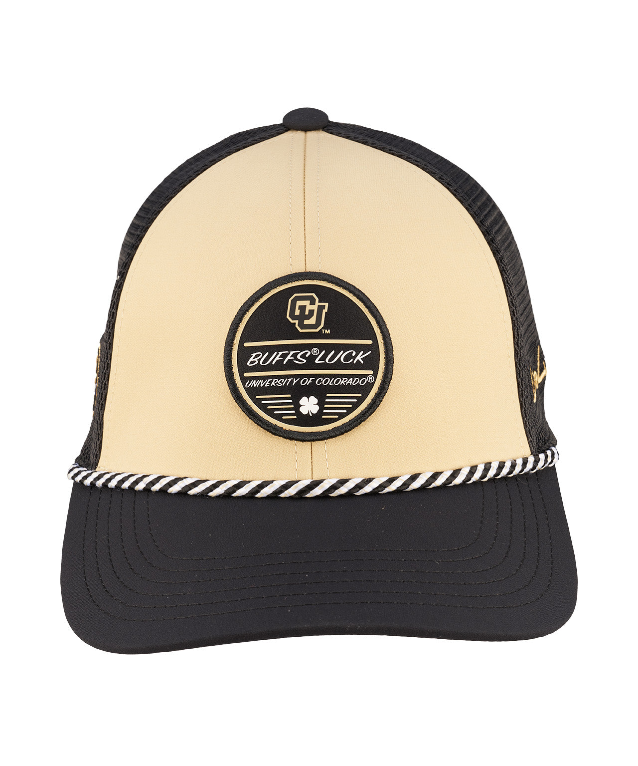 Yellow and black hat from Black Clover featuring Colorado University Buffs patch