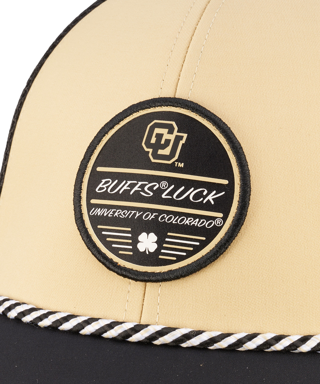 Yellow and black hat from Black Clover featuring Colorado University Buffs patch