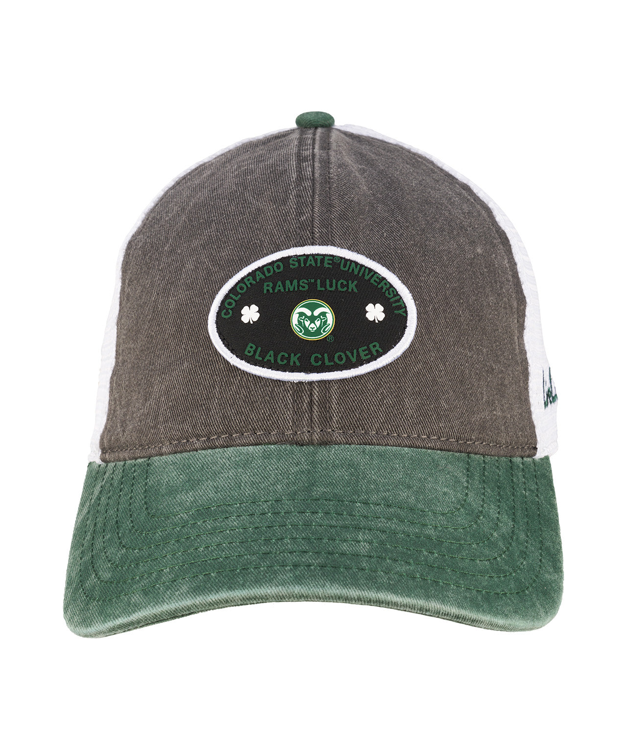 green and grey two tone vintage style hat from Black Clover featuring Colorado State University Rams patch