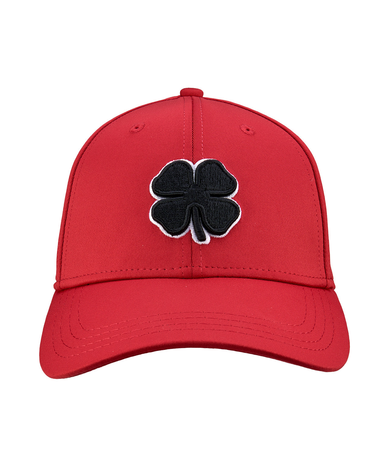 Bold, red hat from Black Clover featuring premium style and craftmanship. It features an embroidered black clover icon, and the words "Live Lucky" on the side.