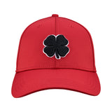 Bold, red hat from Black Clover featuring premium style and craftmanship. It features an embroidered black clover icon, and the words "Live Lucky" on the side.