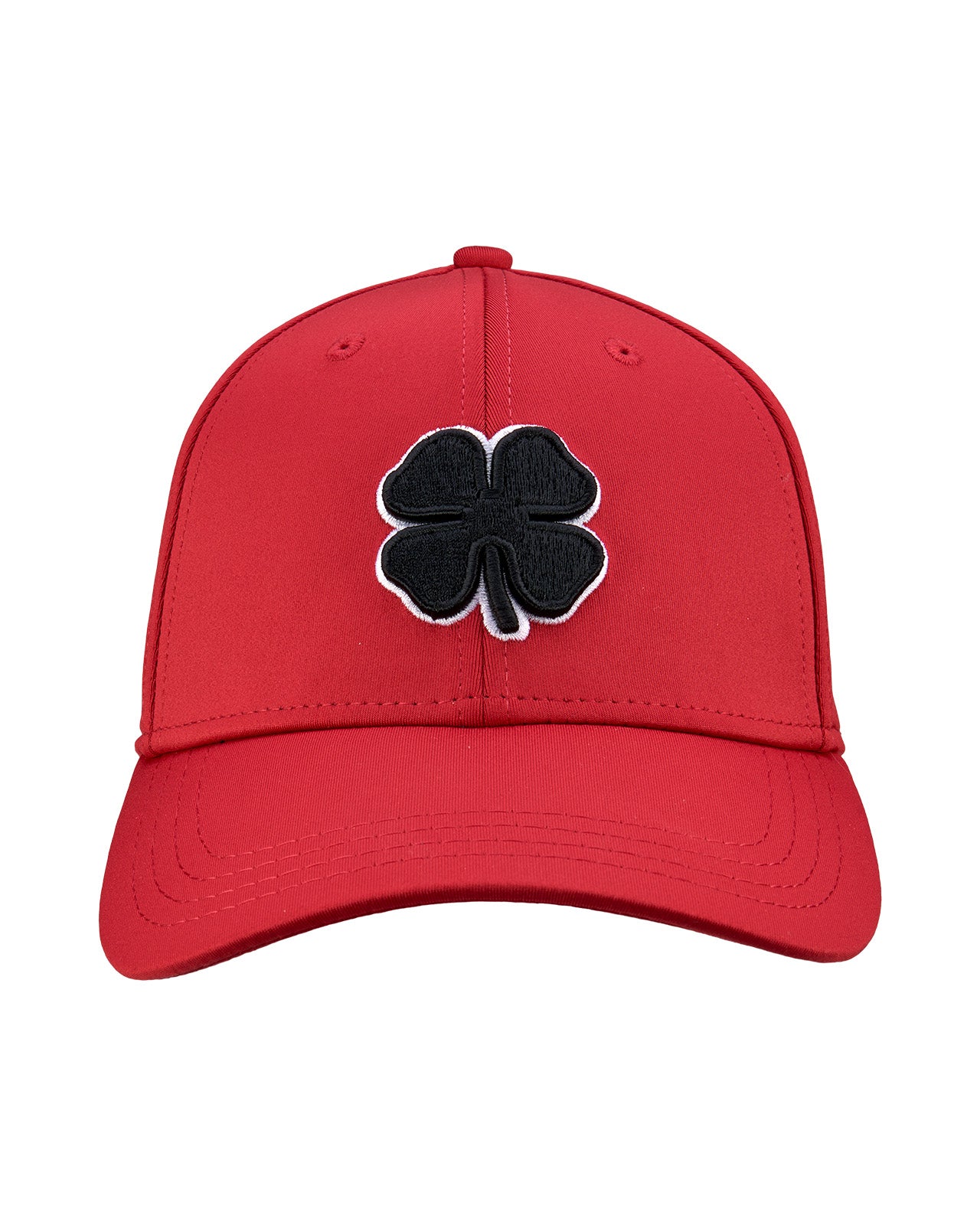 Bold, red hat from Black Clover featuring premium style and craftmanship. It features an embroidered black clover icon, and the words "Live Lucky" on the side.