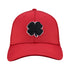 Bold, red hat from Black Clover featuring premium style and craftmanship. It features an embroidered black clover icon, and the words "Live Lucky" on the side.