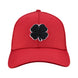 Bold, red hat from Black Clover featuring premium style and craftmanship. It features an embroidered black clover icon, and the words "Live Lucky" on the side.