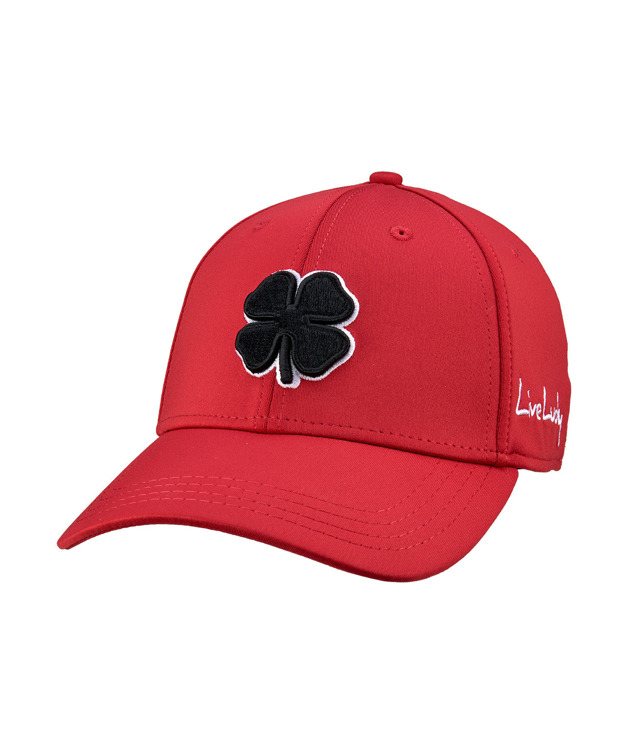 Bold, red hat from Black Clover featuring premium style and craftmanship. It features an embroidered black clover icon, and the words "Live Lucky" on the side.