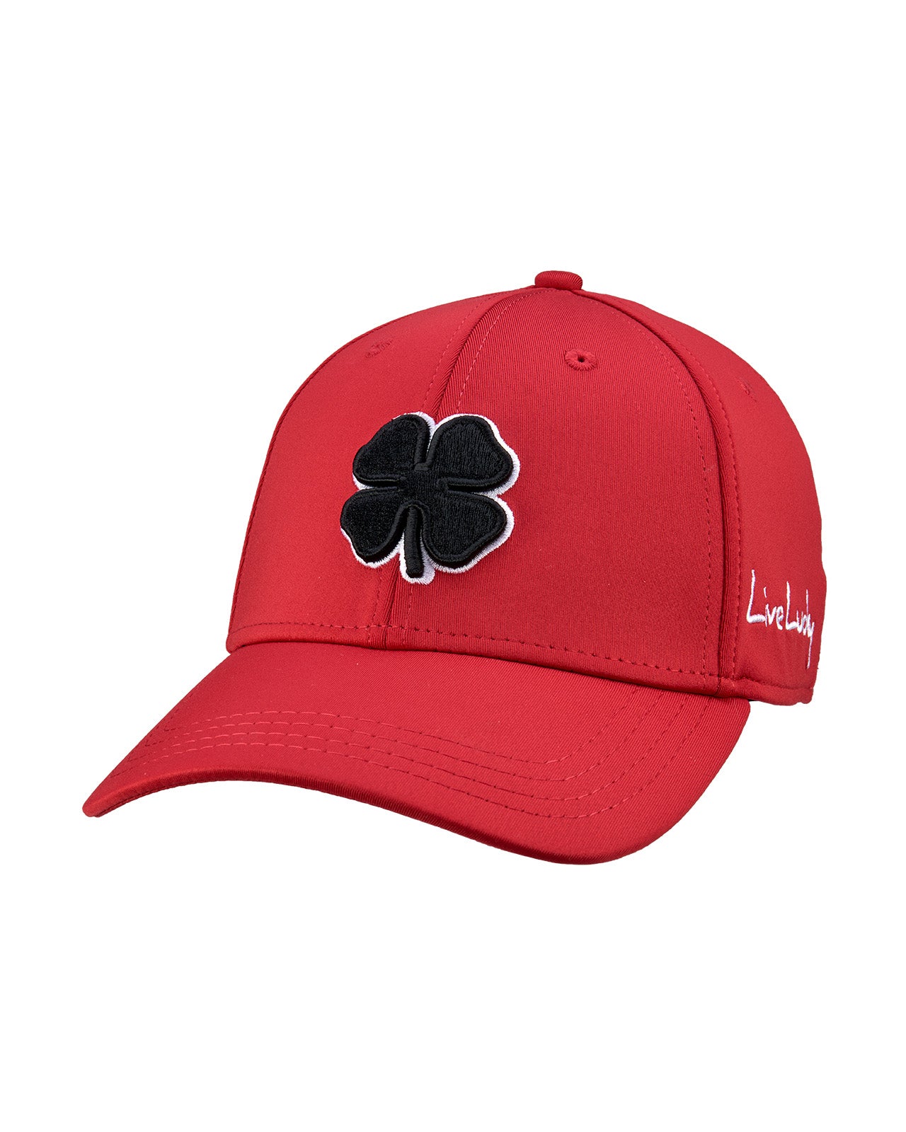 Bold, red hat from Black Clover featuring premium style and craftmanship. It features an embroidered black clover icon, and the words "Live Lucky" on the side.