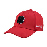 Bold, red hat from Black Clover featuring premium style and craftmanship. It features an embroidered black clover icon, and the words "Live Lucky" on the side.