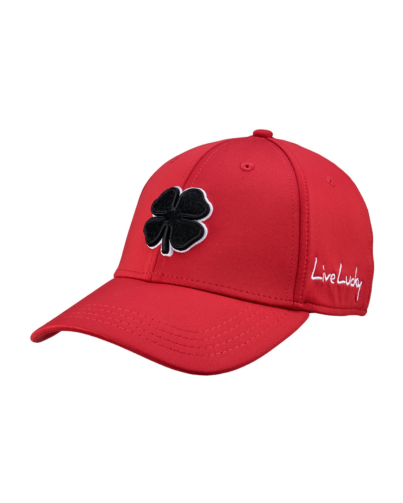 Bold, red hat from Black Clover featuring premium style and craftmanship. It features an embroidered black clover icon, and the words "Live Lucky" on the side.