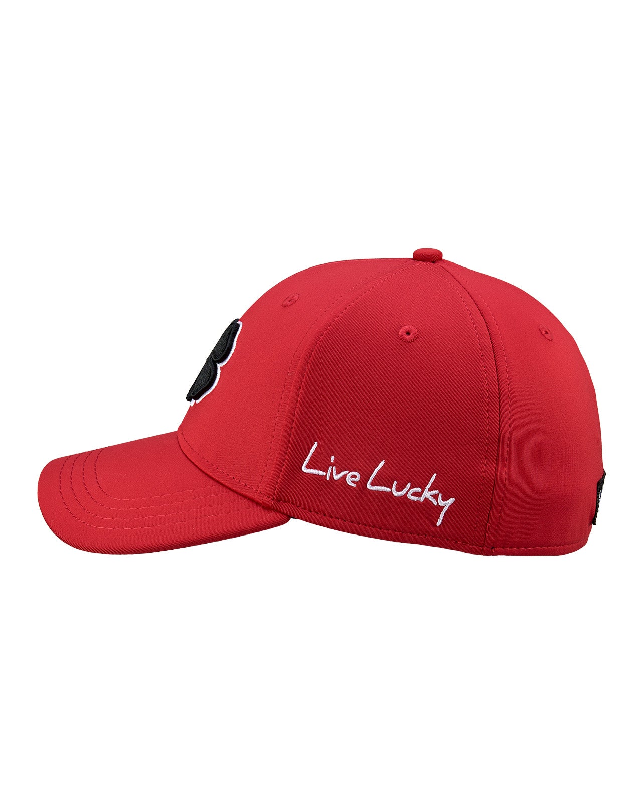 Bold, red hat from Black Clover featuring premium style and craftmanship. It features an embroidered black clover icon, and the words "Live Lucky" on the side.