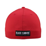 Bold, red hat from Black Clover featuring premium style and craftmanship. It features an embroidered black clover icon, and the words "Live Lucky" on the side.