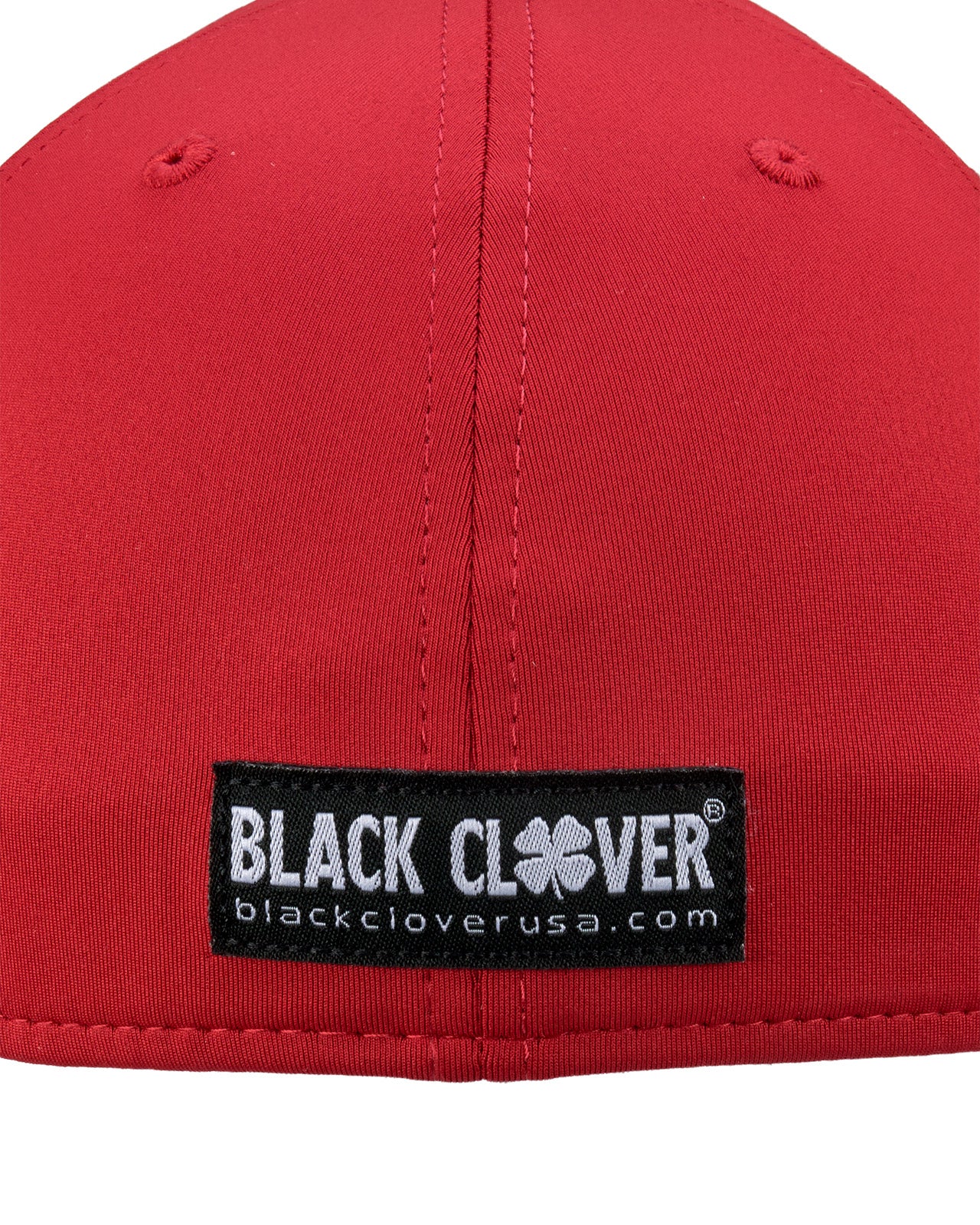 Bold, red hat from Black Clover featuring premium style and craftmanship. It features an embroidered black clover icon, and the words "Live Lucky" on the side.