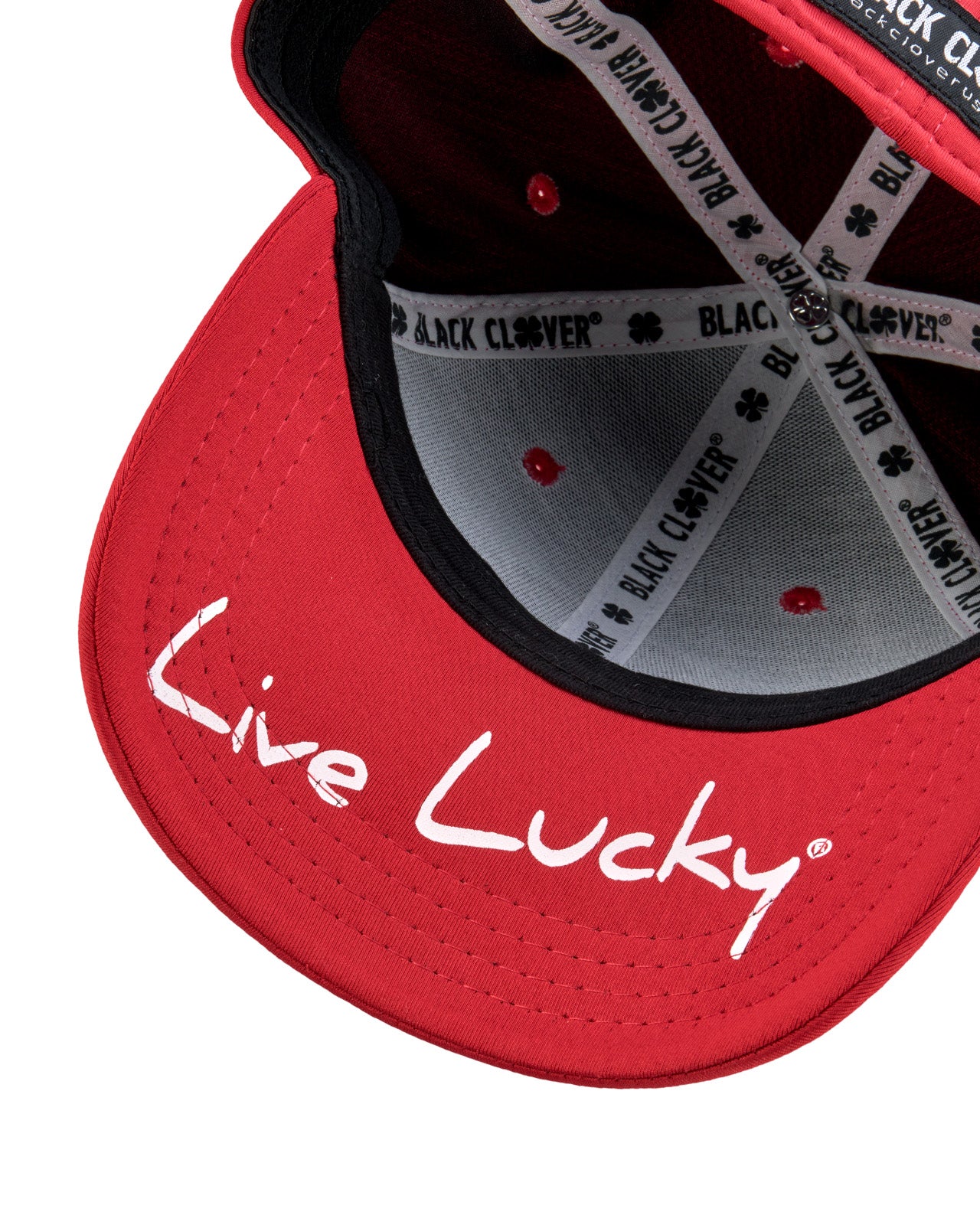 Bold, red hat from Black Clover featuring premium style and craftmanship. It features an embroidered black clover icon, and the words "Live Lucky" on the side.