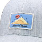 Grey hat from Black Clover with patch depicting mountain