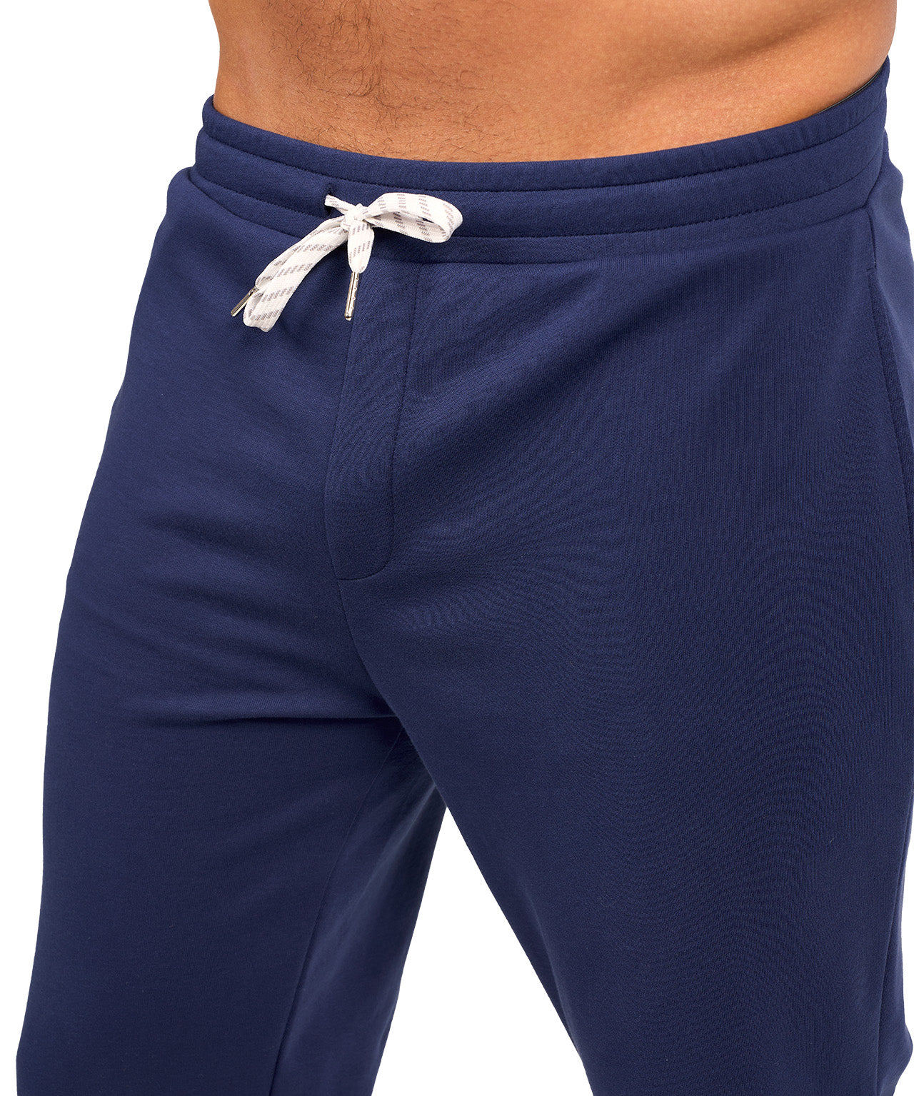 Man wearing navy sweat pants joggers from black clover