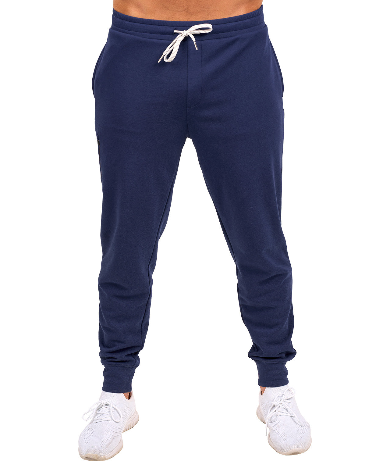 Man wearing navy sweat pants joggers from black clover