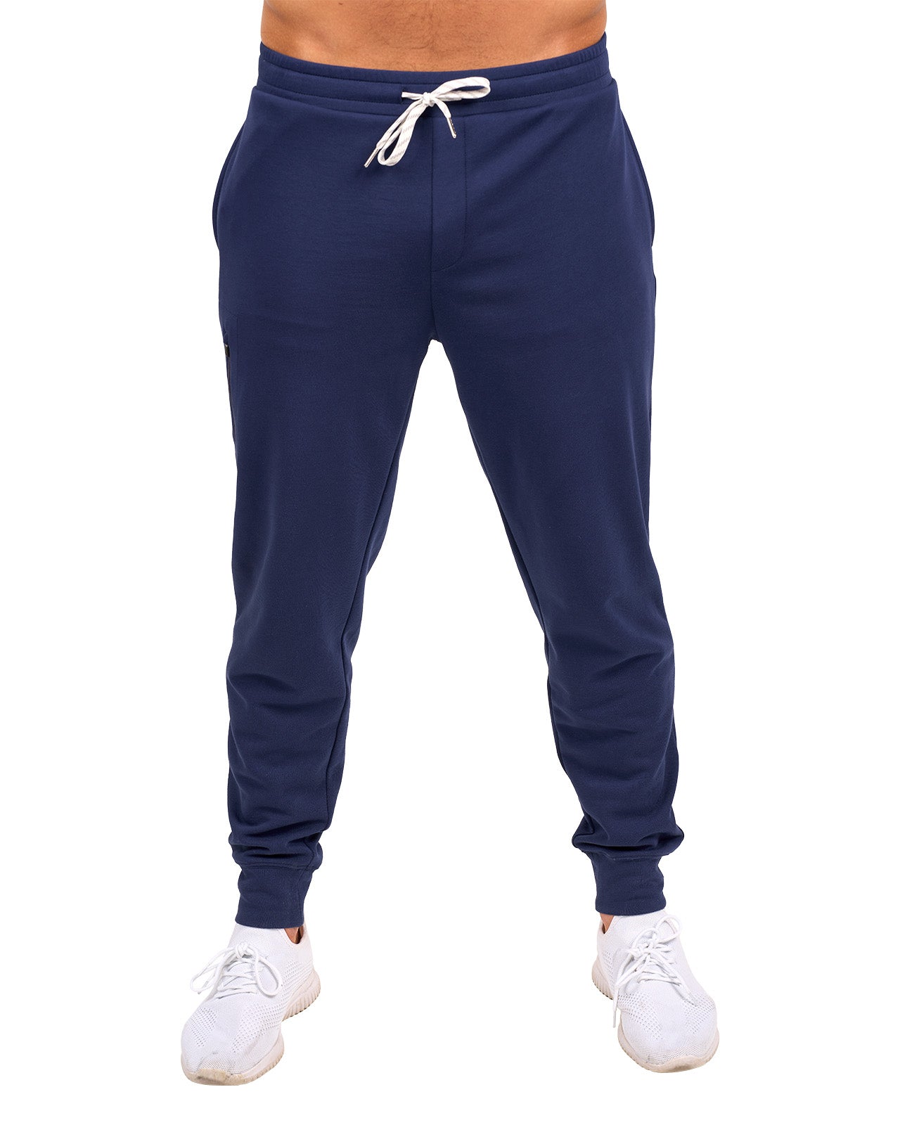 Man wearing navy sweat pants joggers from black clover