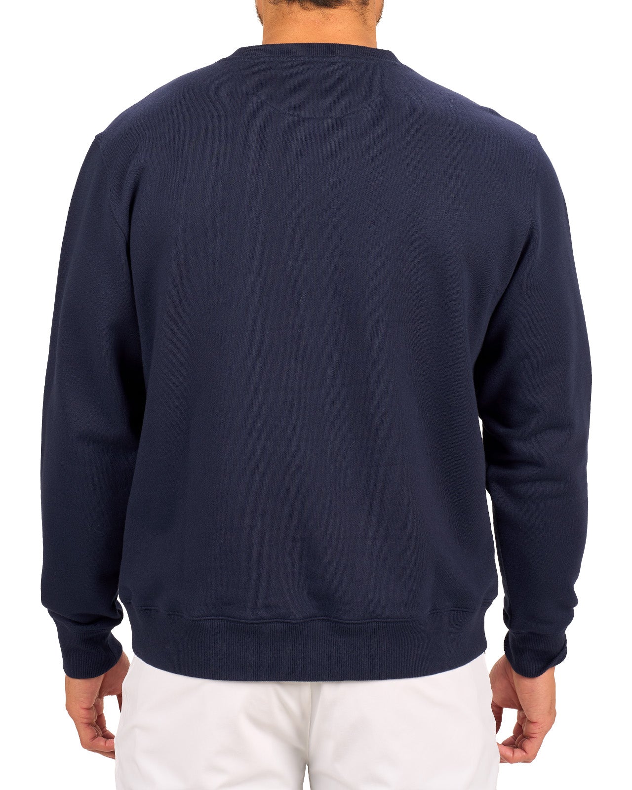 man wearing an navy colored sweater from Black Clover with a 3d text BLCK CLVR on the chest
