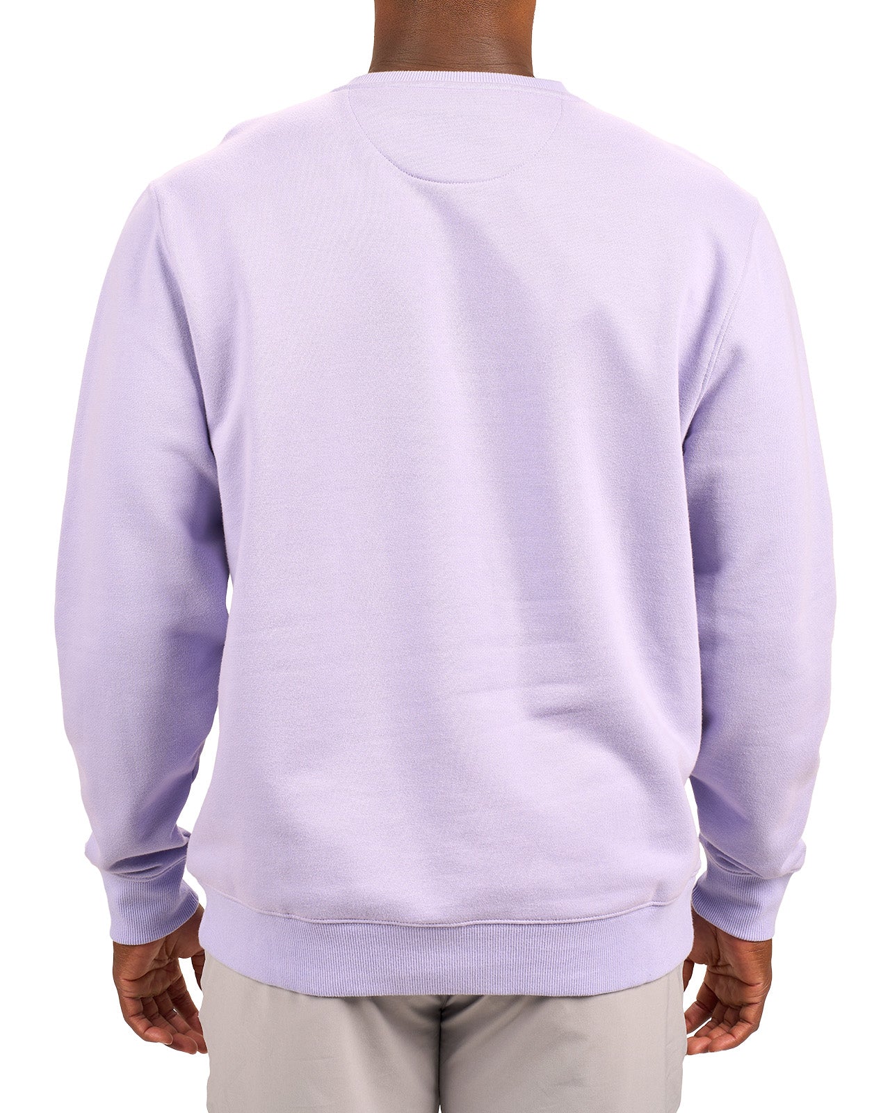 man wearing an light purple colored sweater from Black Clover with a 3d text BLCK CLVR on the chest