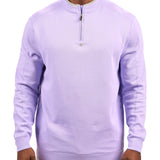 Man wearing a light purple quarter zip sweater from Black Clover featuring a small clover below the zipper