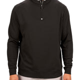 Man wearing a black quarter zip sweater from Black Clover featuring a small clover below the zipper