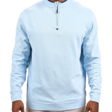 Man wearing a light blue quarter zip sweater from Black Clover featuring a small clover below the zipper