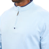 Man wearing a light blue quarter zip sweater from Black Clover featuring a small clover below the zipper