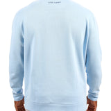 Man wearing a light blue quarter zip sweater from Black Clover featuring a small clover below the zipper