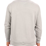 Man wearing a light grey quarter zip sweater from Black Clover featuring a small clover below the zipper