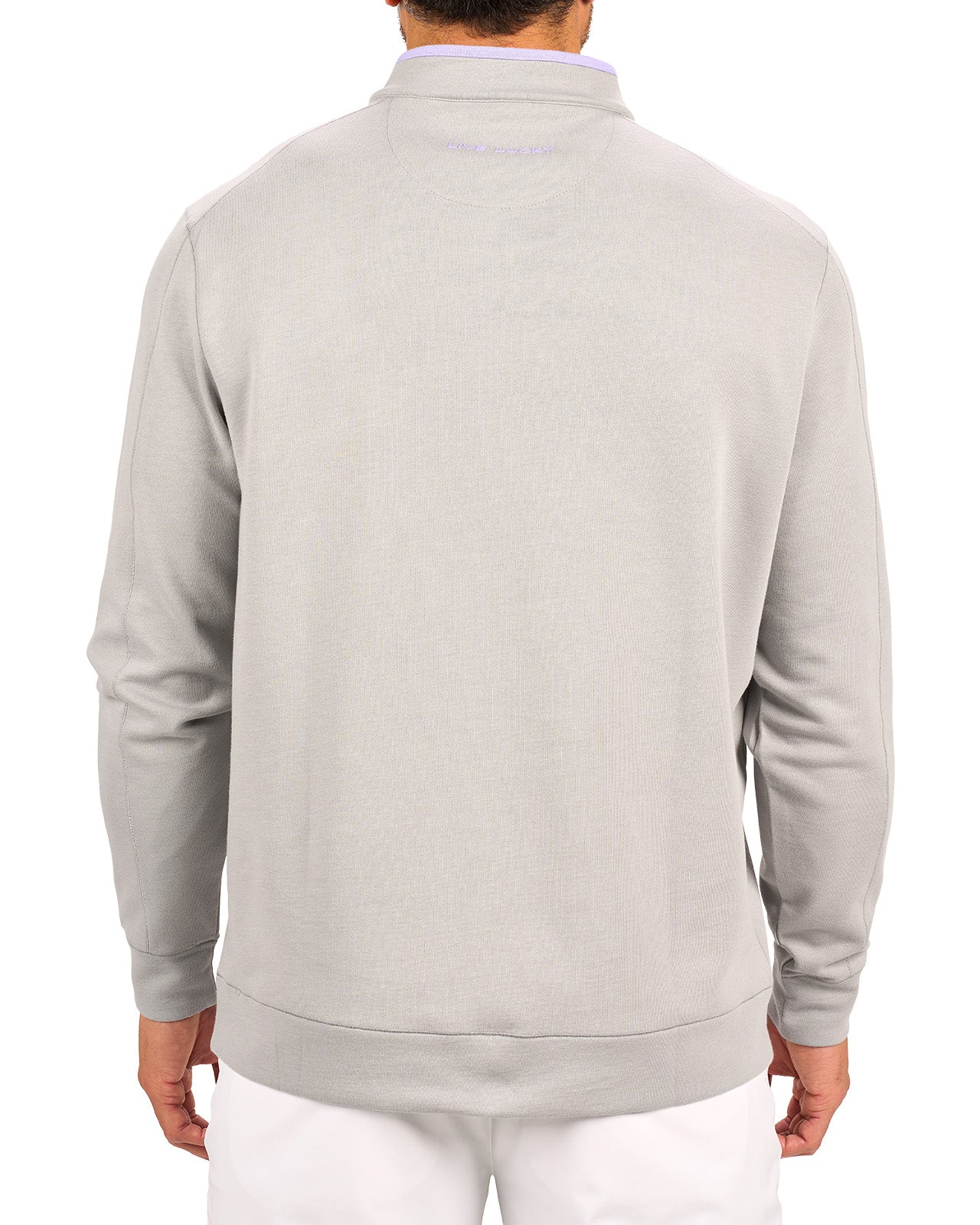 Man wearing a light grey quarter zip sweater from Black Clover featuring a small clover below the zipper