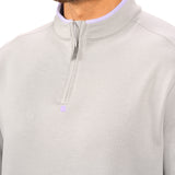 Man wearing a light grey quarter zip sweater from Black Clover featuring a small clover below the zipper