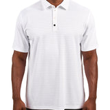 Man wearing striped white polo from Black Clover featuring small clover logo below the bottom button