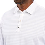 Man wearing striped white polo from Black Clover featuring small clover logo below the bottom button