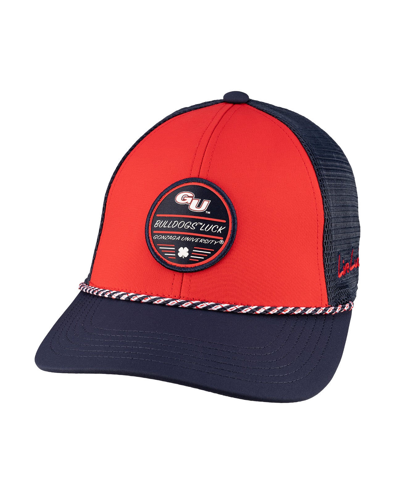 Red and blue hat from Black Clover featuring Gonzaga University Bulldogs logo