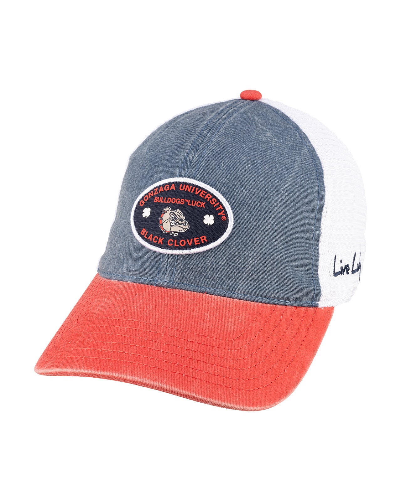 Two tone red and blue retro style hat from Black Clover featuring Gonzaga university bulldogs logo