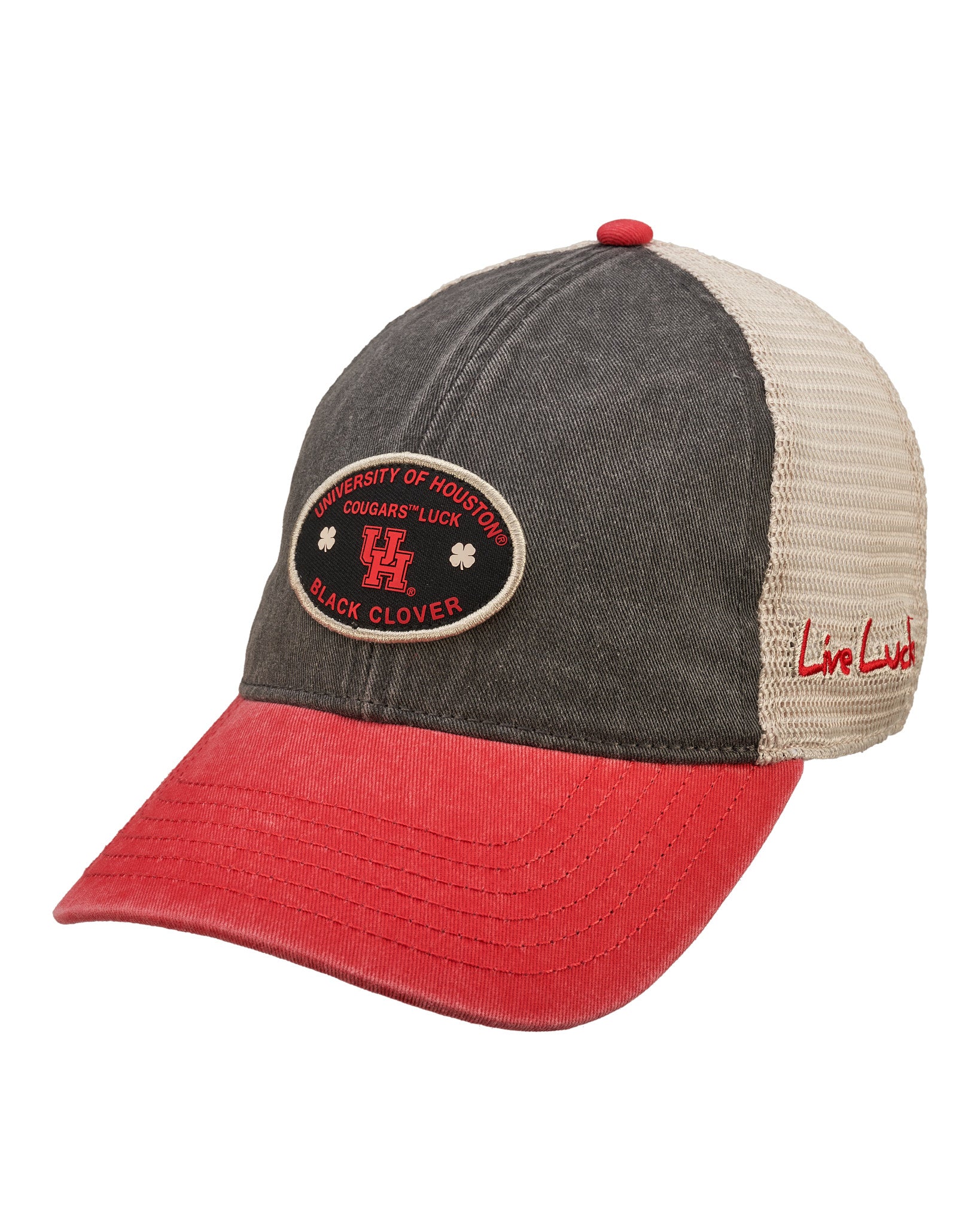 Black and red two tone vintage style hat from Black Clover Featuring University of Houston logo