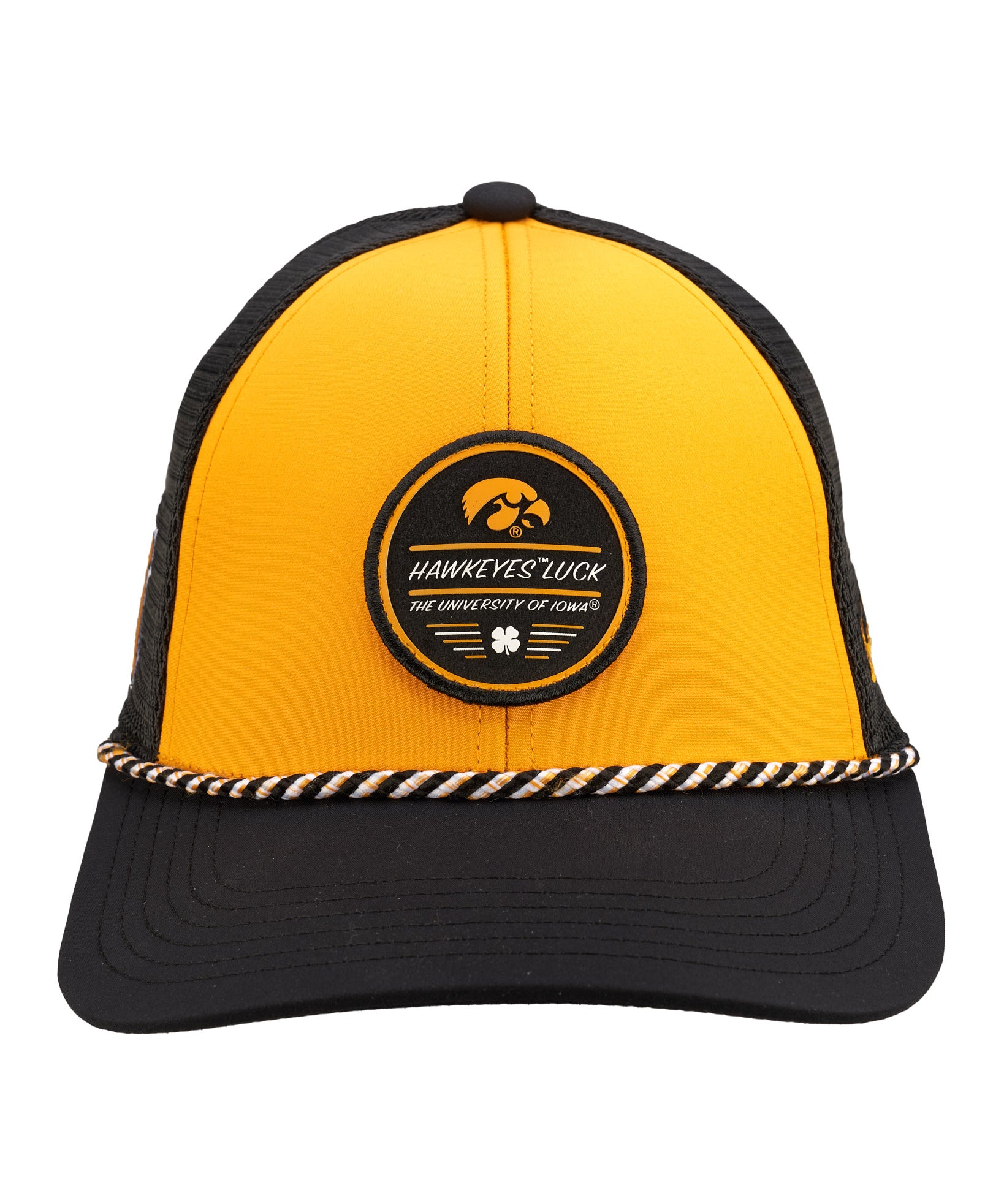 black and yellow two tone rope hat from Black Clover featuring University of Iowa Hawkeyes logo