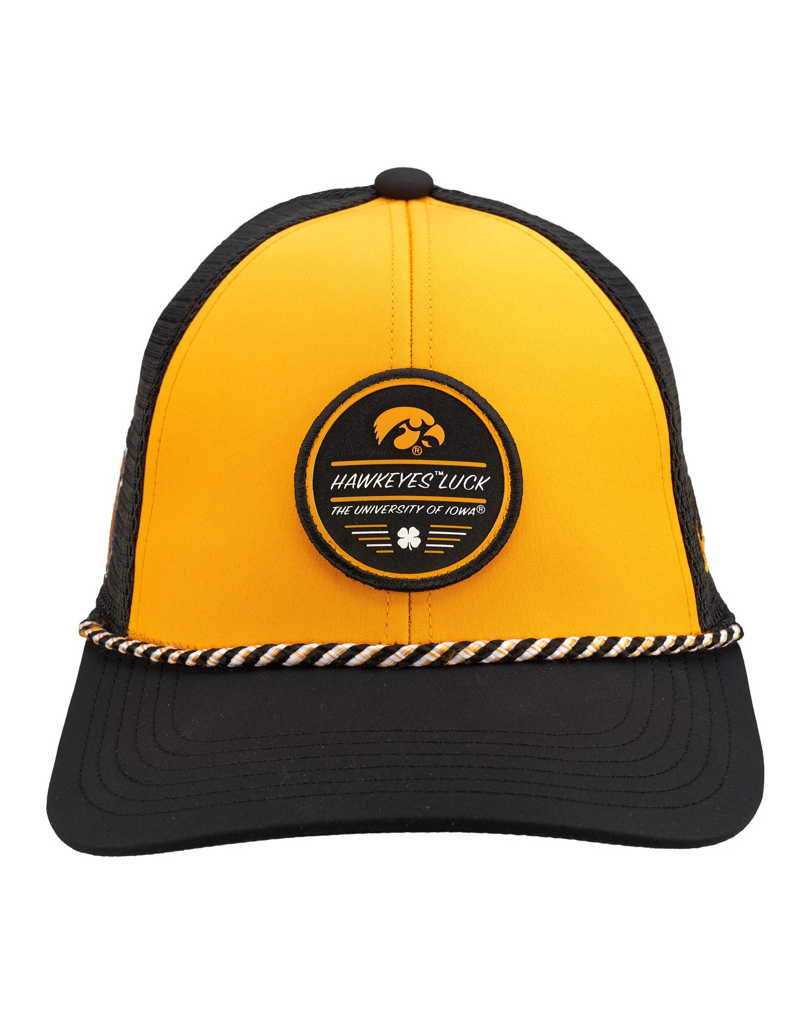 black and yellow two tone rope hat from Black Clover featuring University of Iowa Hawkeyes logo