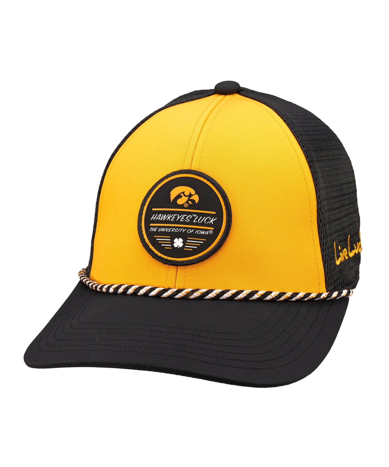 black and yellow two tone rope hat from Black Clover featuring University of Iowa Hawkeyes logo