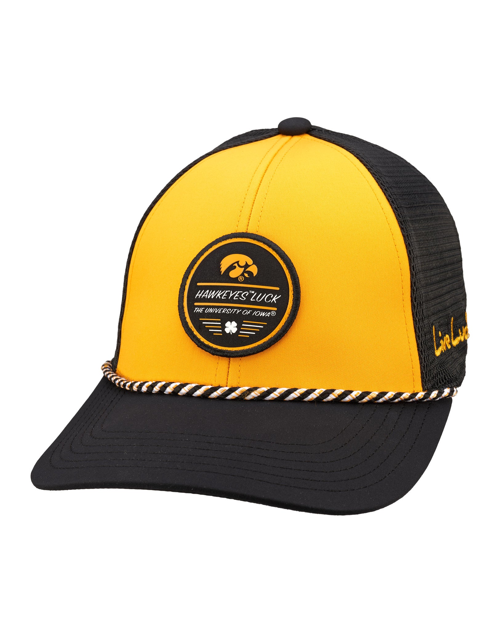 black and yellow two tone rope hat from Black Clover featuring University of Iowa Hawkeyes logo