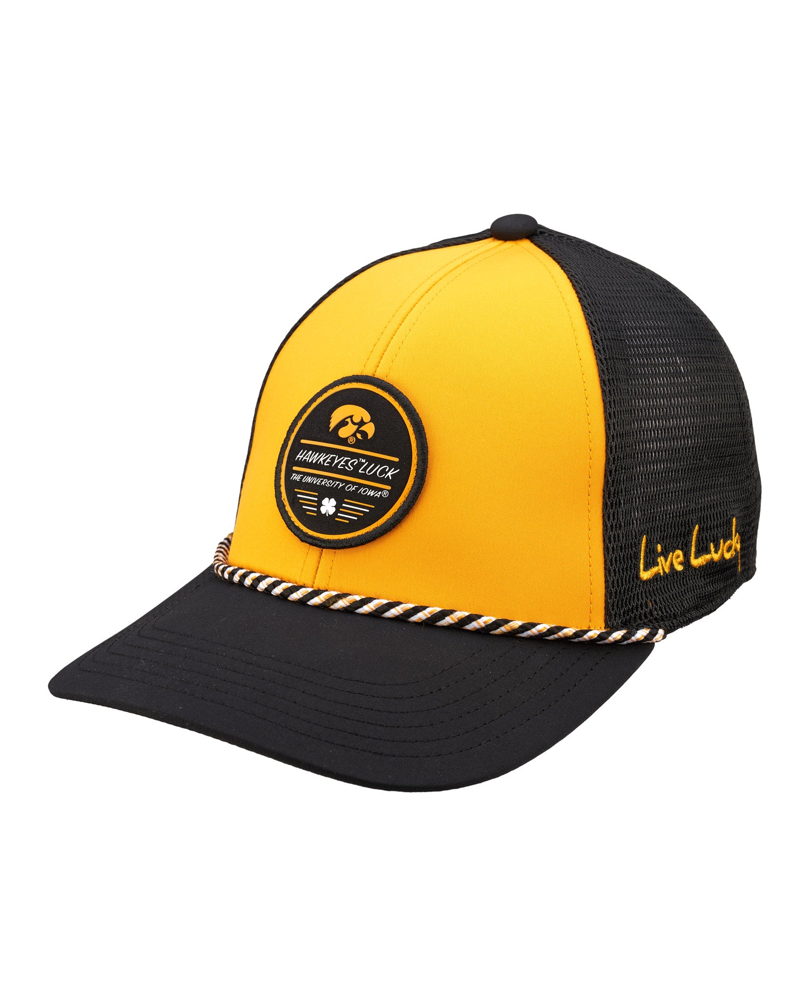 black and yellow two tone rope hat from Black Clover featuring University of Iowa Hawkeyes logo