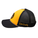 black and yellow two tone rope hat from Black Clover featuring University of Iowa Hawkeyes logo