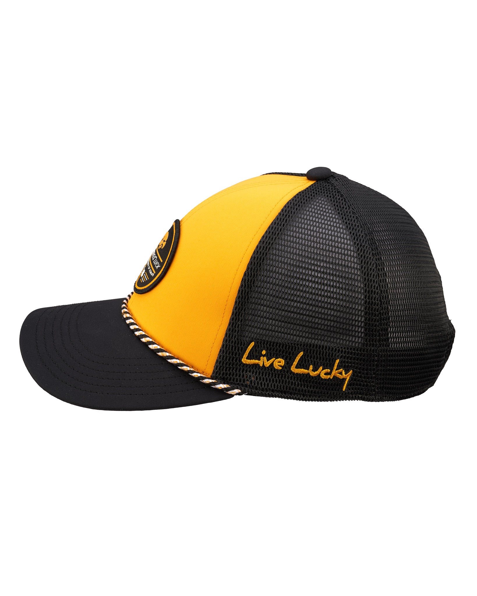 black and yellow two tone rope hat from Black Clover featuring University of Iowa Hawkeyes logo