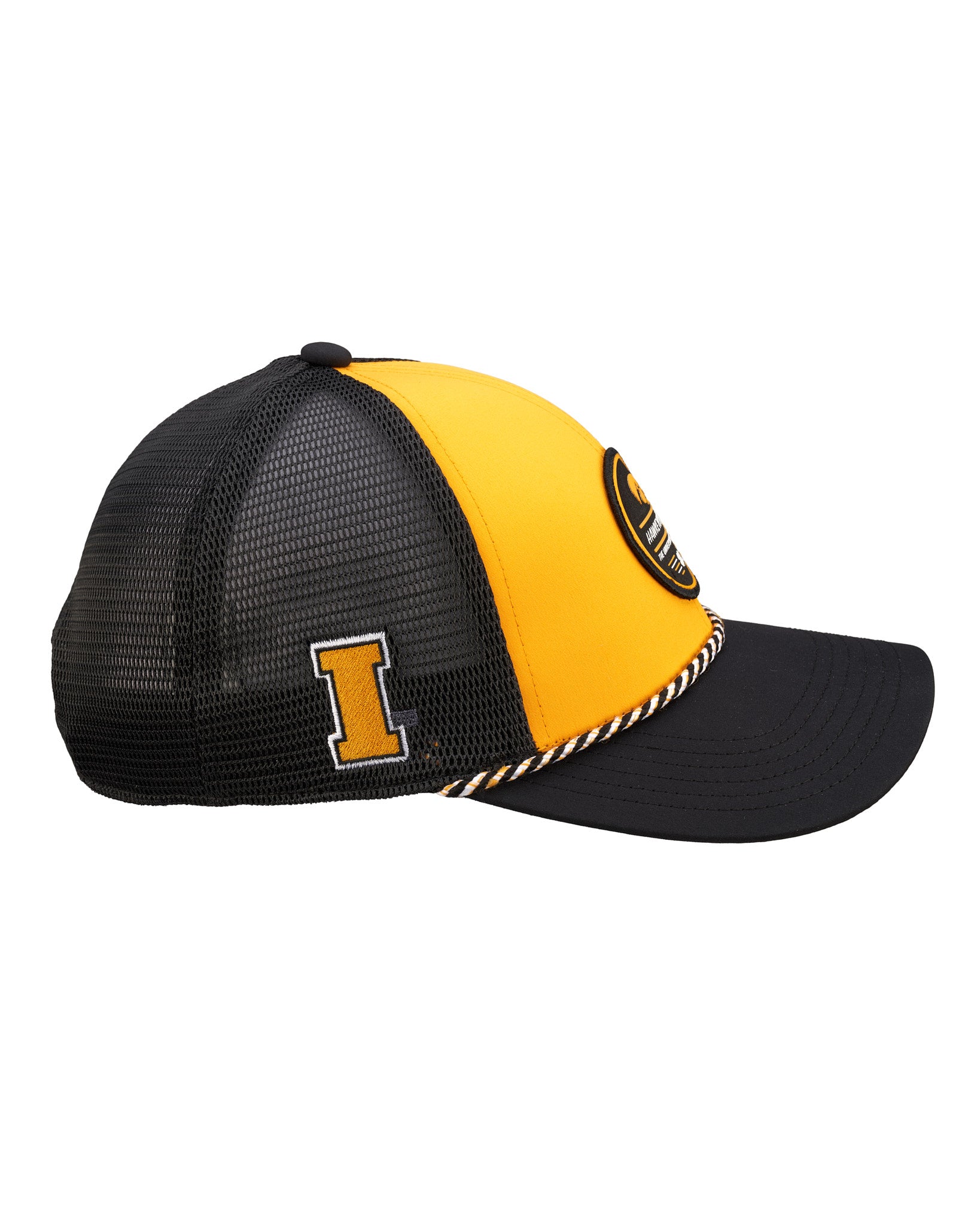 black and yellow two tone rope hat from Black Clover featuring University of Iowa Hawkeyes logo