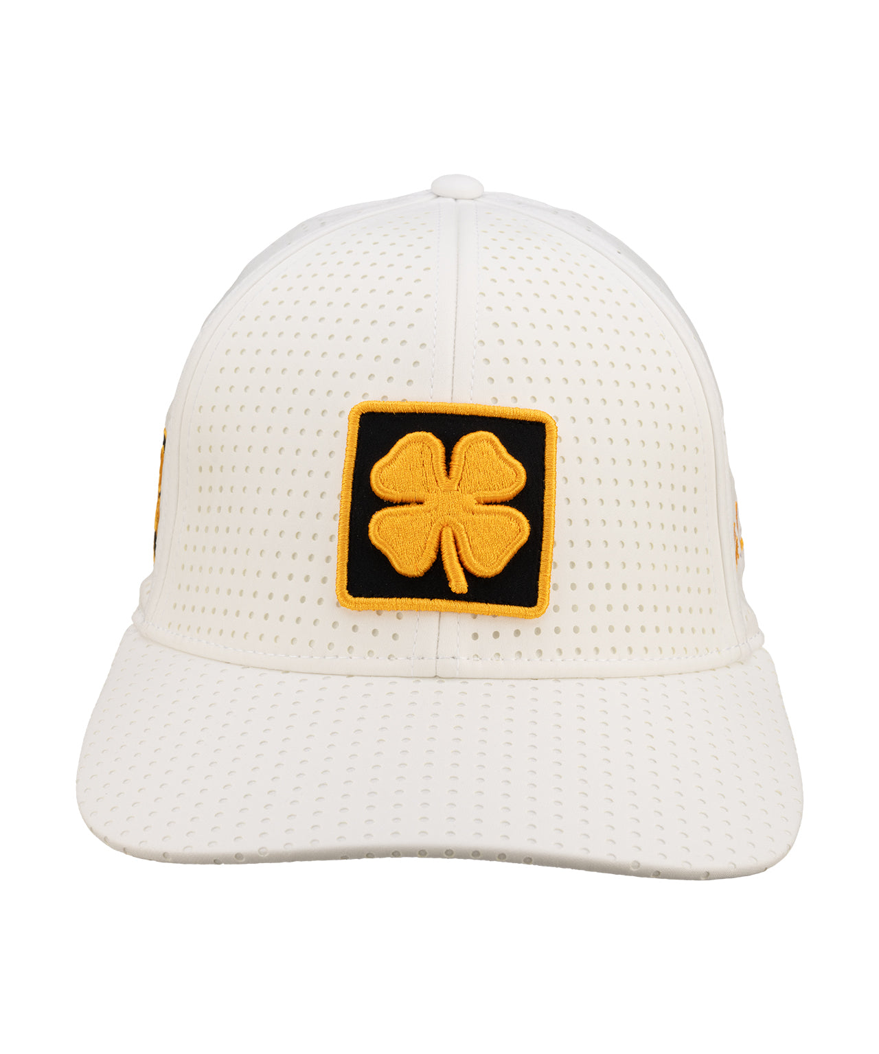 White perforated hat from Black Clover featuring University of Iowa Hawkeyes logo