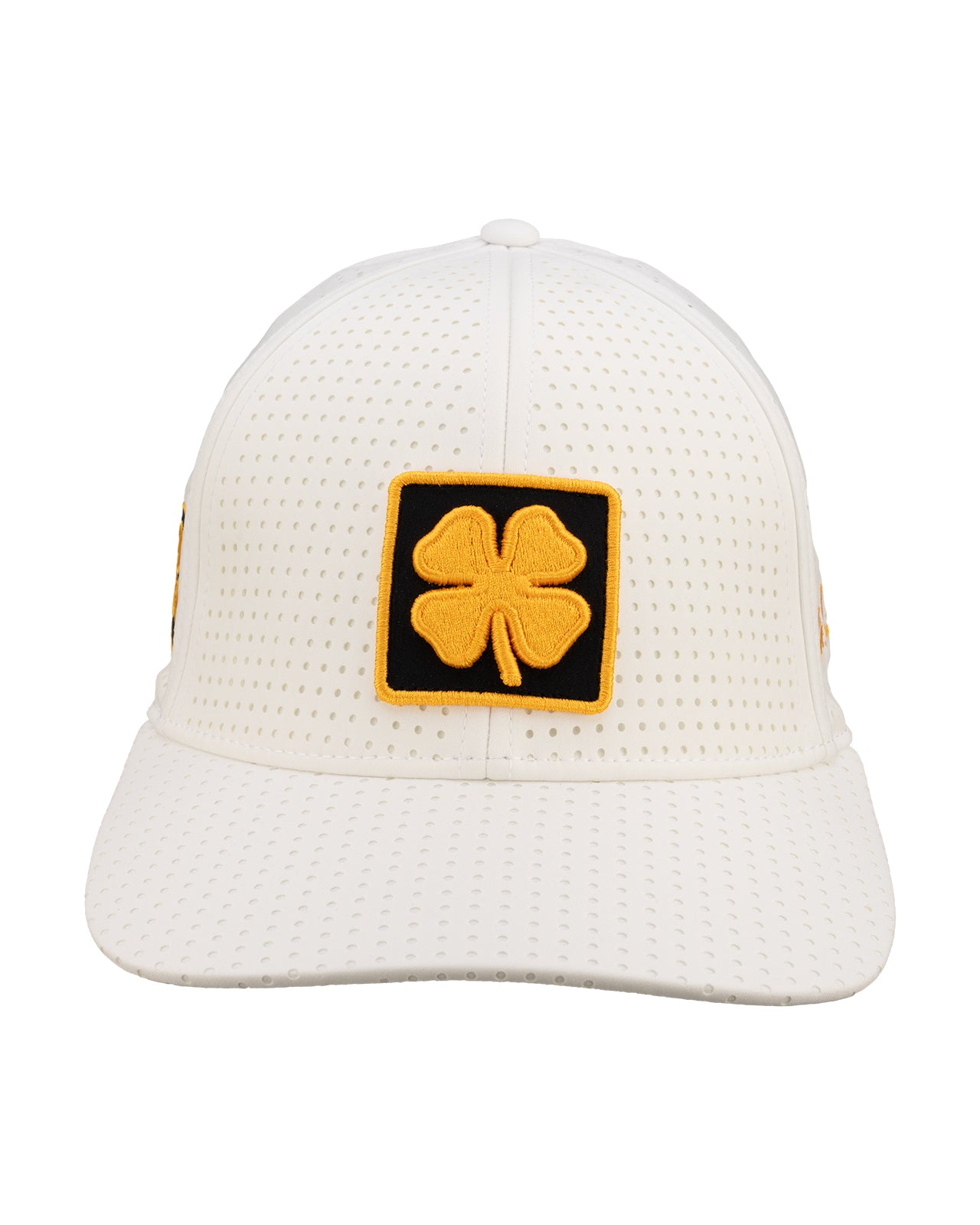 White perforated hat from Black Clover featuring University of Iowa Hawkeyes logo