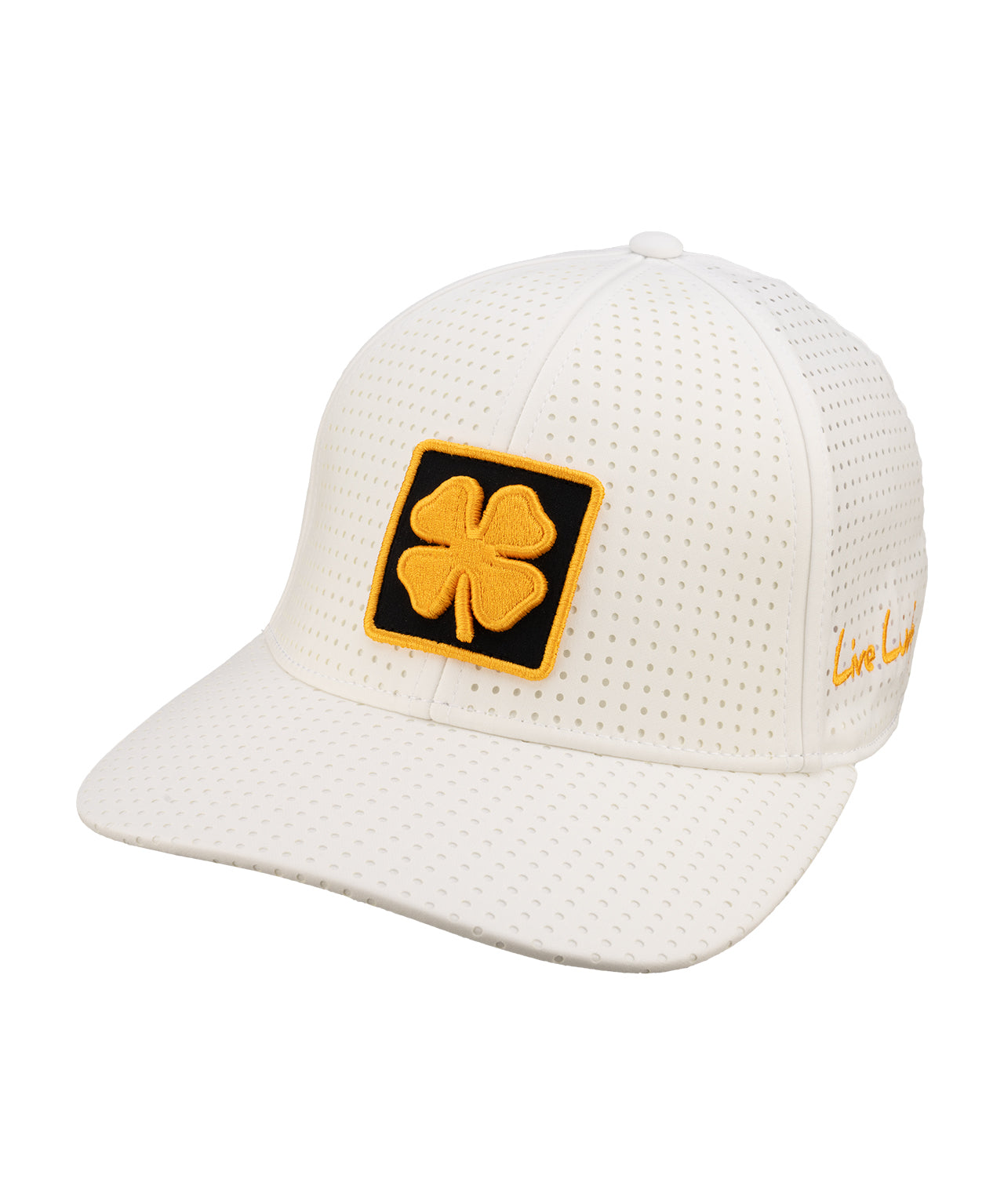 White perforated hat from Black Clover featuring University of Iowa Hawkeyes logo